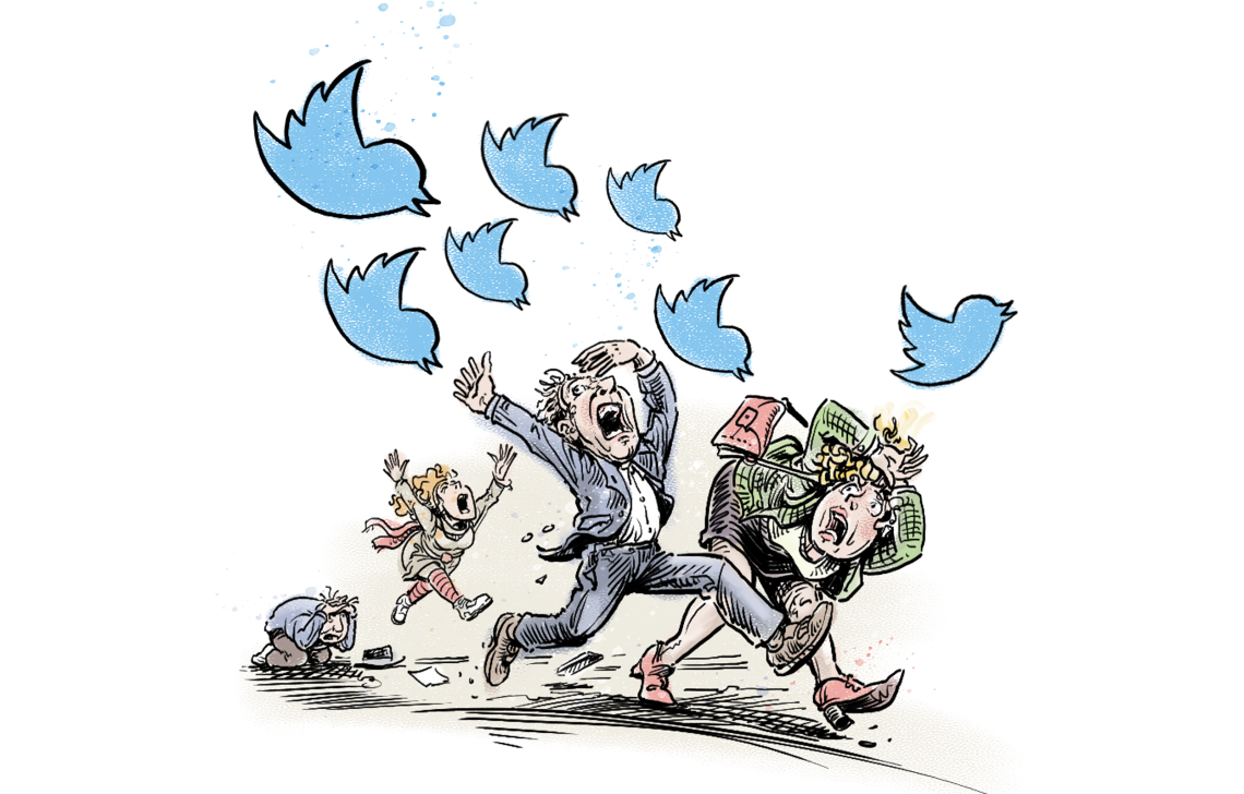 Zeichnung von Menschen die von mehreren Logos von Twitter attackiert werden und schreiend davonrennen. Das Bild soll Cancel Culture illustrieren.