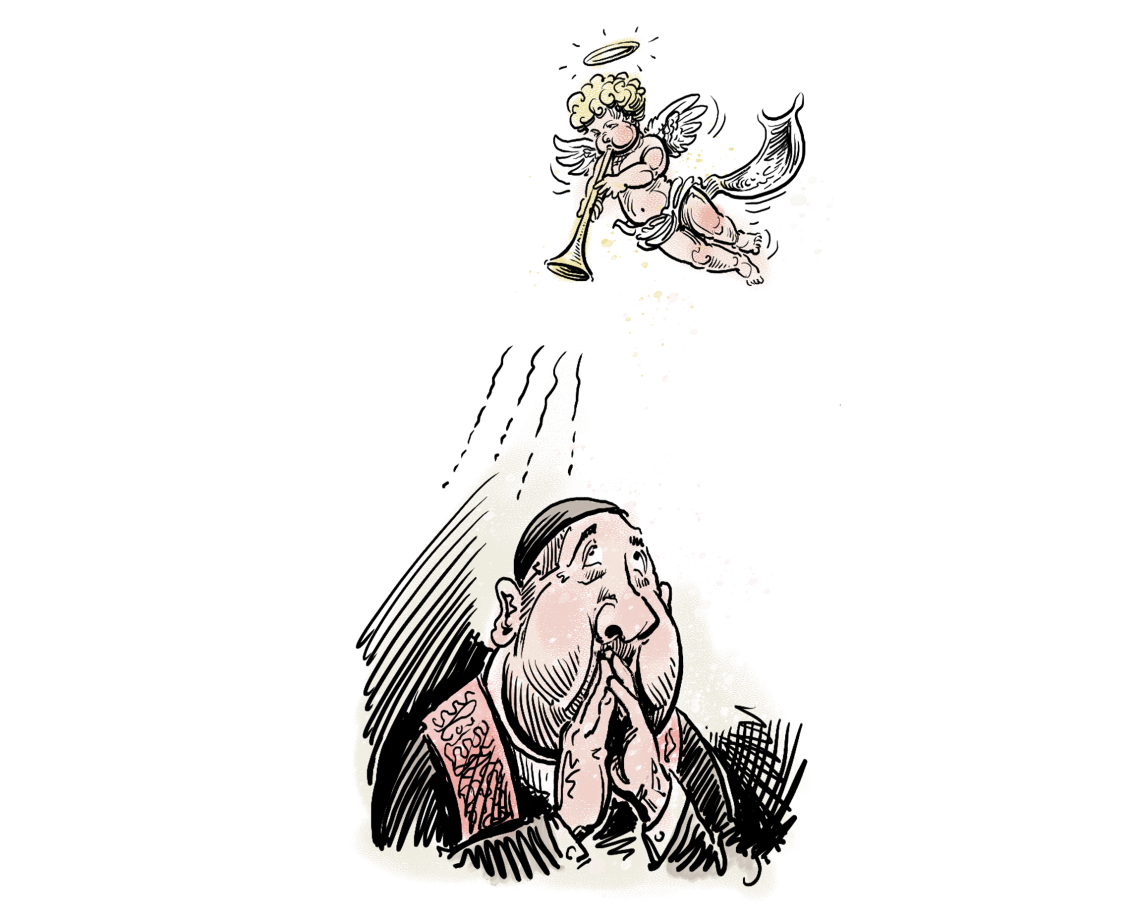 Zeichnung eines katholischen Geistlichen mit Soutane und Kappe der die Hände zum Gebet gefalten hat udn nach oben blickt wo eine Putte mit einer Posaune spielt. Die Zeichnung soll einen Beitrag über Cancel Culture illustrieren.