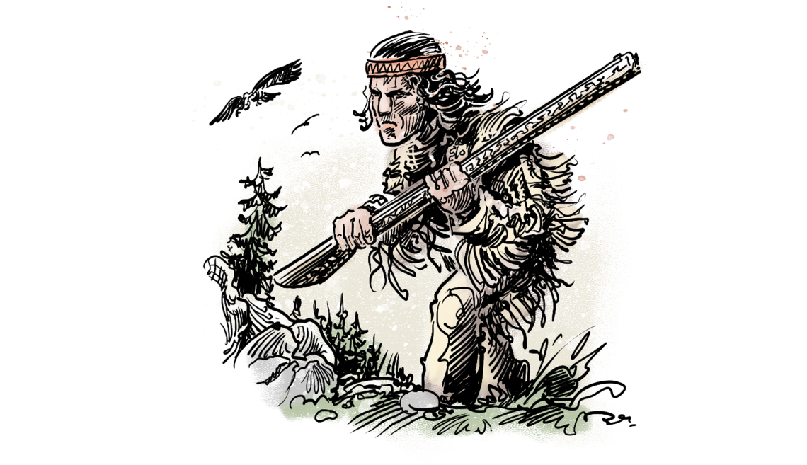 Zeichnung des Stereotyps eines Indianers mit einem Gewehr. 