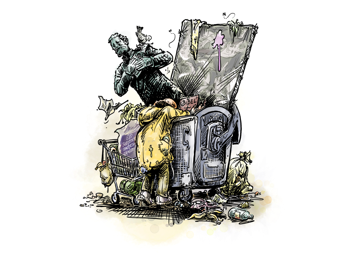 Zeichnung eines Müllcontainers, in dem eine Statue von Karl Lueger und die Bibel liegen. Ein Jugendlicher mit gelber Regenjacke kramt in dem Container und hat eien Ausgabe von Ein Sommernachtstraum von Shakesspeare in einen Einkaufswagen gelegt. Illustration zu einem Beitrag, in dem es um politisch korrekt sein und um Cancel Culture geht.