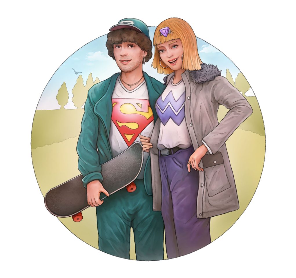 Zeichnung von zwei jungen Menschen jeweils mit Superman und Superwoman T-Shirts dastehen. Die Illustration ist Teil eines Beitrags über die Einstellungen von Jugendlichen, die in einer Jugendstudie untersucht wurden.