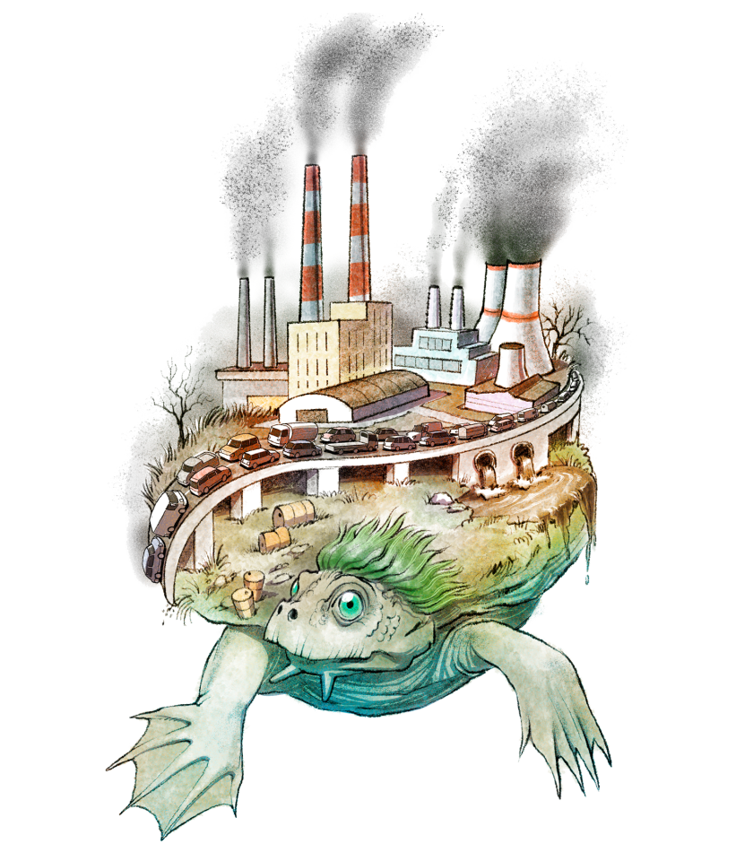 Illustration einer Schildkröte, die industrielle Umweltverschmutzung auf ihrem Rücken trägt. In dem Bild geht es um das Verschwinden von Tieren durch den Verlust von Lebensraum.
