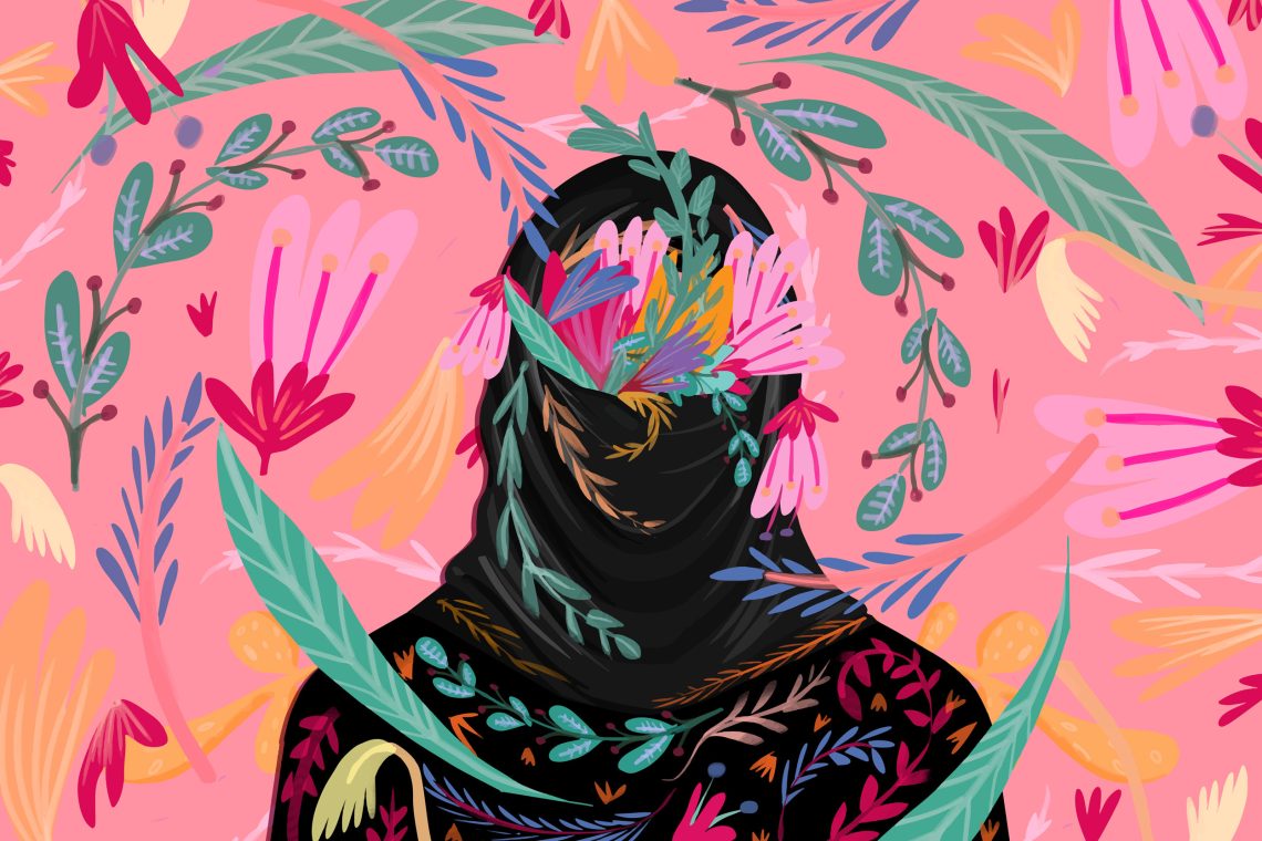 Illustration einer Frau mit Hijab, die von Blumen gefüllt und umgeben ist