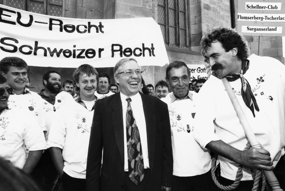Christoph Blocher bei einer SVP-Demonstration 1995
