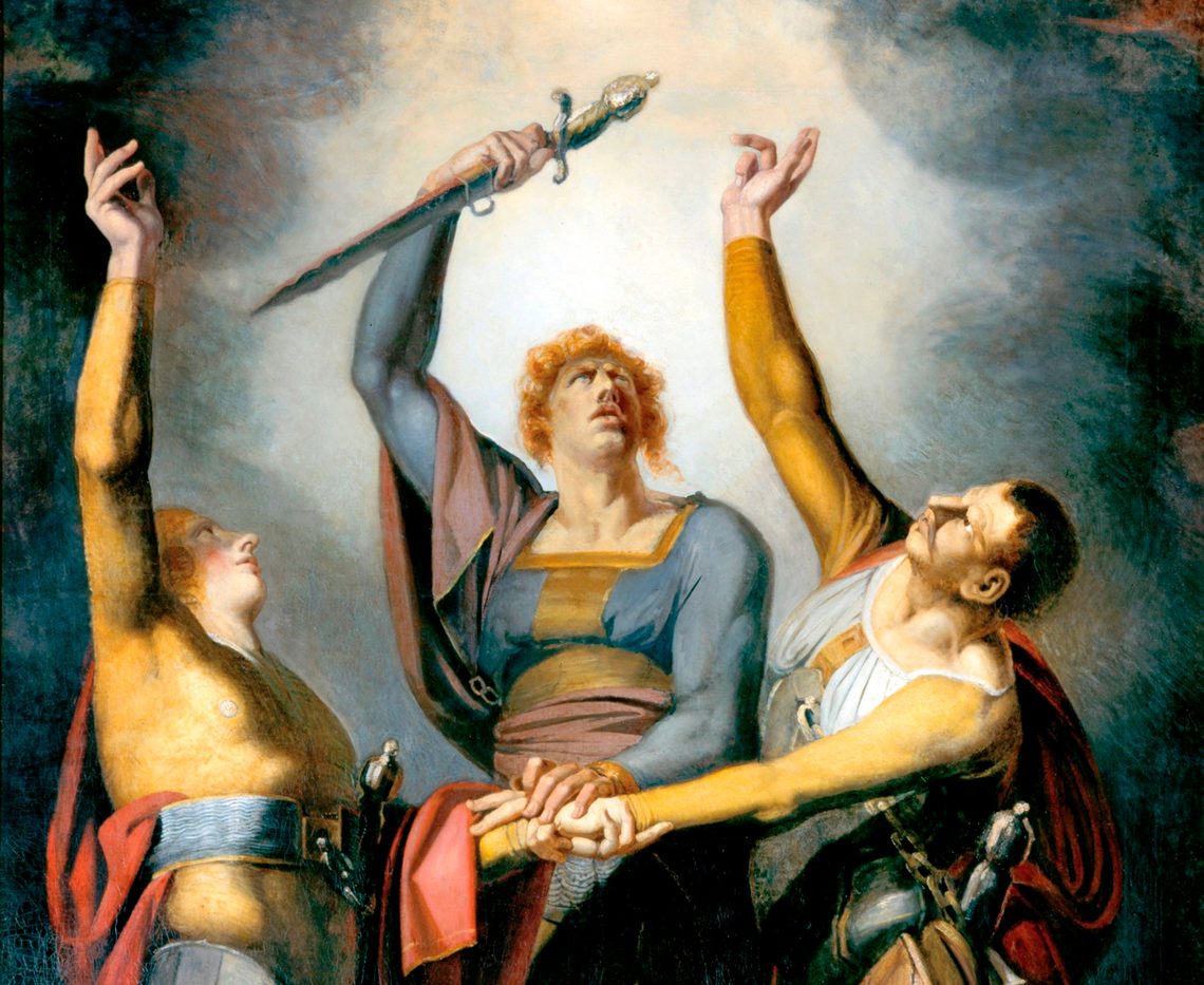 Eine alte Illustration von Johann Heinrich Füssli. Dargestellt sind die ersten drei Eidgenossen, die sich die sich je eine Hand reichen zum Rütli-Schwur. Die anderen Hände strecken sie empor, wobei der Mittlere ein Schwert hält.