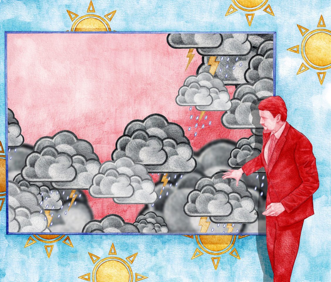 Zeichnung einer Wettervorhersage im Fernsehen, wobei ein männlicher Wettermoderator im Anzug auf die Regenwolken deutet. Es gibt aber auch Sonnenstrahlen. Das Bild illustriert einen Beitrag über die Prognosen des Club of Rome.