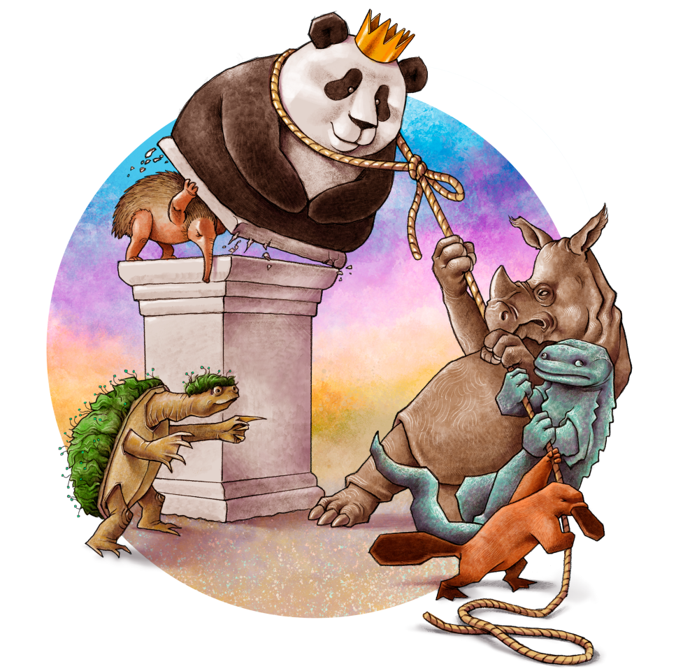 Bunte Zeichnung von Tieren, die einen Panda vom Sockel stürzen. Die Zeichnung illustriert einen Beitrag über das Artensterben bzw. das Aussterben von Tieren und was für den Artenschutz getan werden müsste bzw. welche Tiere man retten sollte und welche nicht.