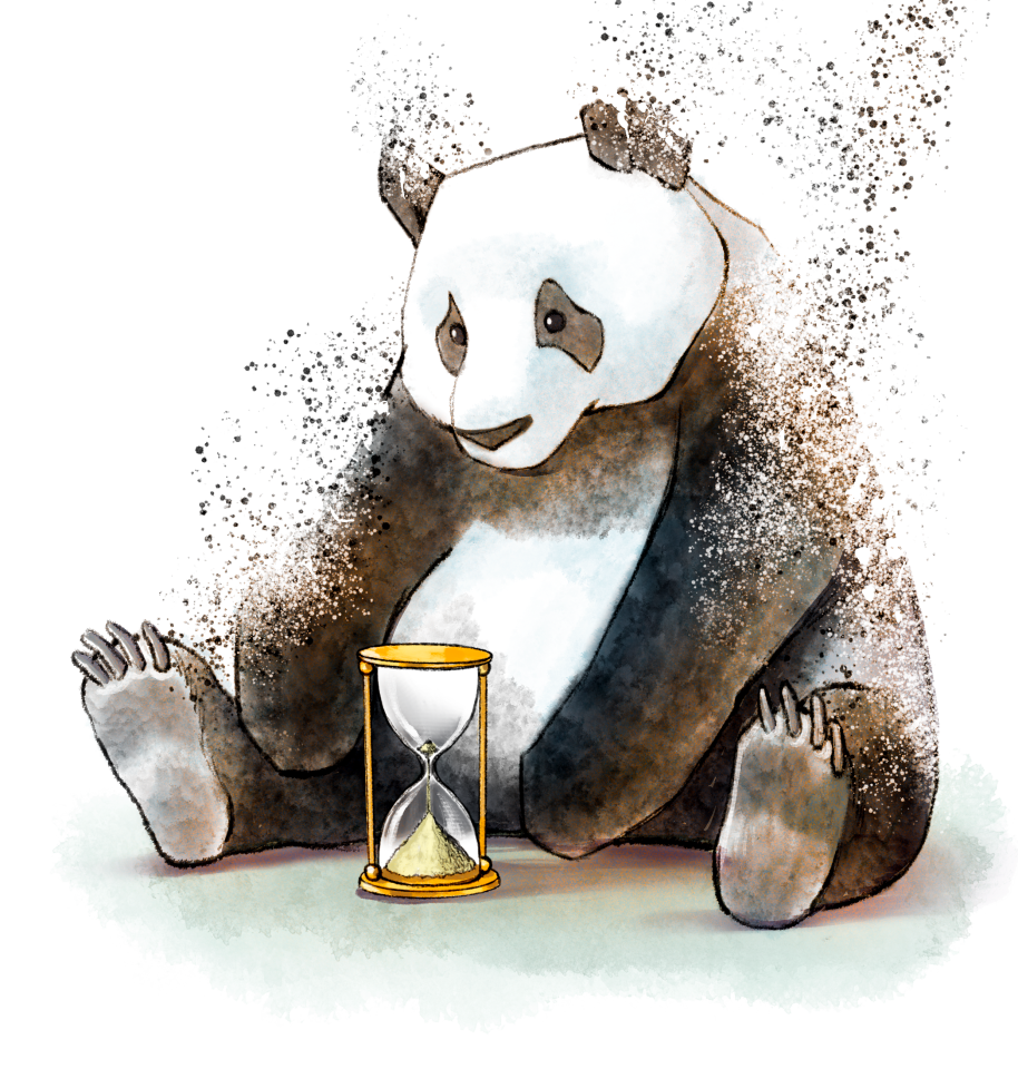 Zeichnung eines Pandas, der vor einer Sanduhr hockt, die fast abgelaufen ist. Der Panda scheint sich aufzulösen. In dem Beitrag zu dem Bild geht es um den Verlust an Tierarten, insbesondere an Wildtieren.