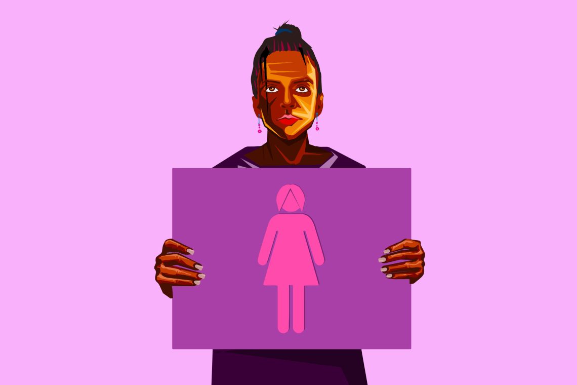 Illustration einer Frau, die ein pinkes Schild mit einem Frauensymbol hochhält