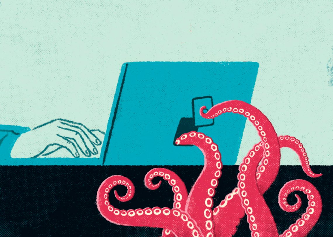 Illustration einer Krake, deren Tentakel unbemerkt in einen Laptop reingreifen an dem die Hände eines Nutzers arbeitern.