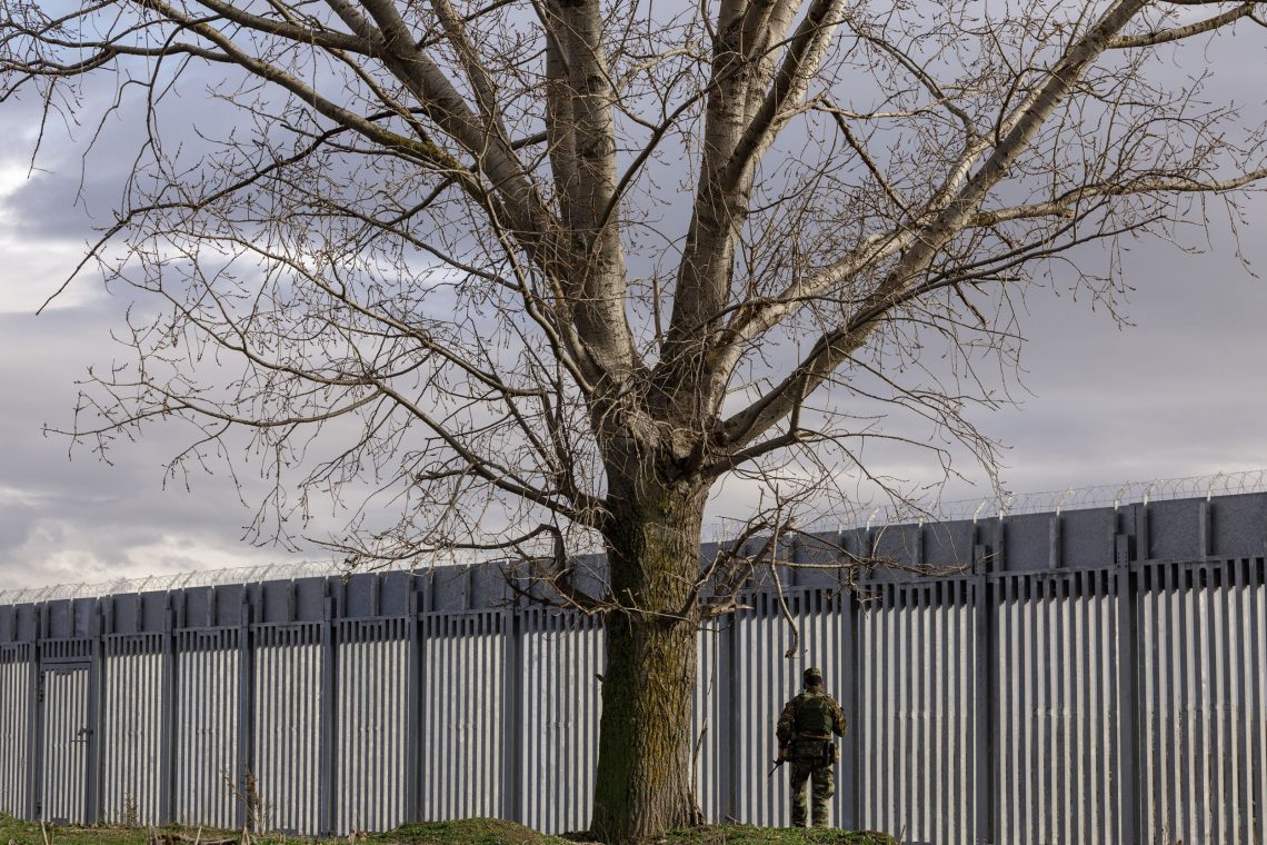 Ein hoher mit Stacheldraht bewehrter Grenzzaun mit einem Baum und einem Soldaten. Das Bild ist Teil eines Beitrags über Asylverfahren und Asylrecht.