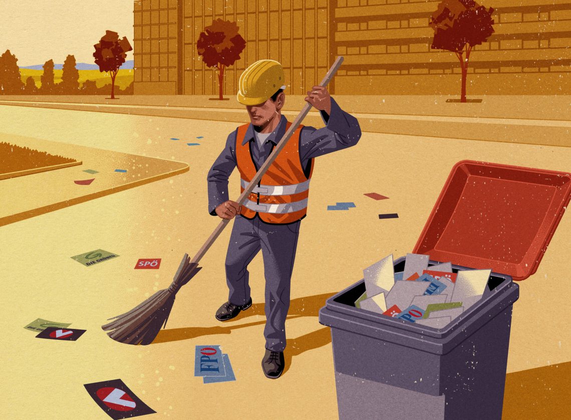 Illustration eines Straßenfegers, der Parteizettel in eine Mülltonne kehrt