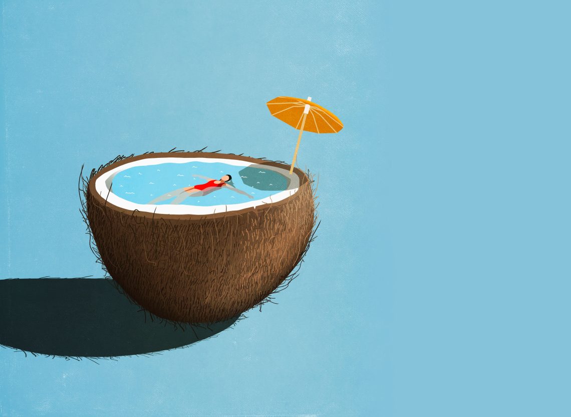 Illustration einer Frau die in einer Kokosnusshälfte schwimmt