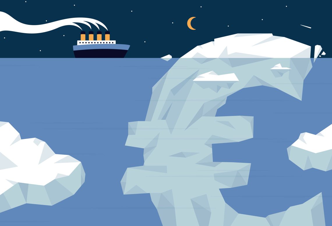 Zeichnung eines der Titanic ähnlichen Schiffs, das in der Nacht bei Sternenlicht auf einen Eisberg zusteuert, der die Form eines Euro hat. Die zeichnung illustriert einen Beitrag über Schulden. Der Schuldenberg in Euro sind hier der Eisberg.