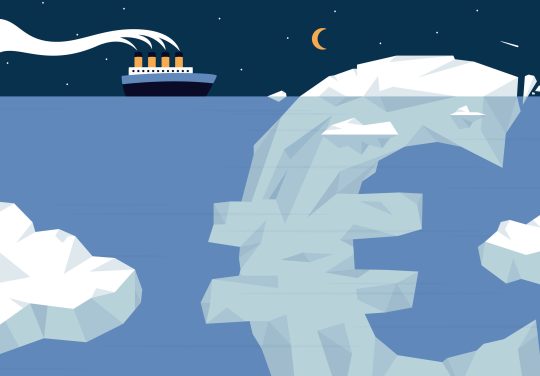 Zeichnung eines der Titanic ähnlichen Schiffs, das in der Nacht bei Sternenlicht auf einen Eisberg zusteuert, der die Form eines Euro hat. Die zeichnung illustriert einen Beitrag über Schulden. Der Schuldenberg in Euro sind hier der Eisberg.