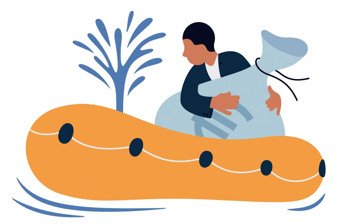 Zeichnung eines orangen Schlauchboots, das ein Leck hat. Ein Mann im Boot umklammert einen Sack mit einem Eurosymbol und blickt auf die Wasserfontäne, die aus dem Loch nach oben schießt. Das Bild illustriert einen Beitrag über Schulden und ihre Rolle bei der Geldschöpfung.