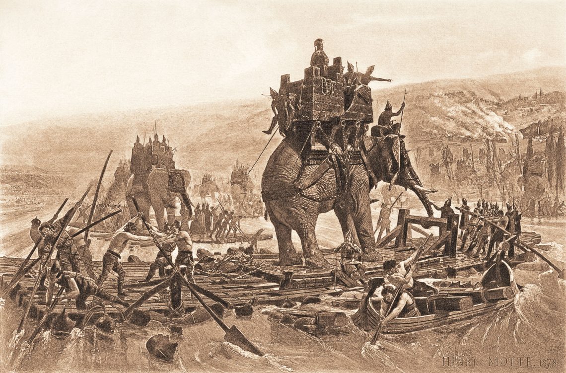 Gemälde von Hannibals Armee mitsamt Elefanten, wie sie den Rhone überqueren