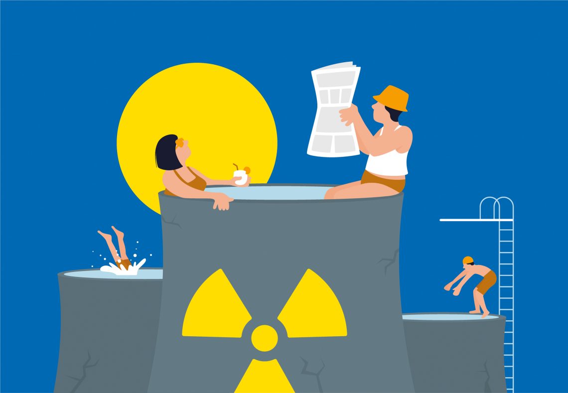 Illustration von Menschen, die in einem ehemaligen Kühlturm eines Atomkraftwerks baden.