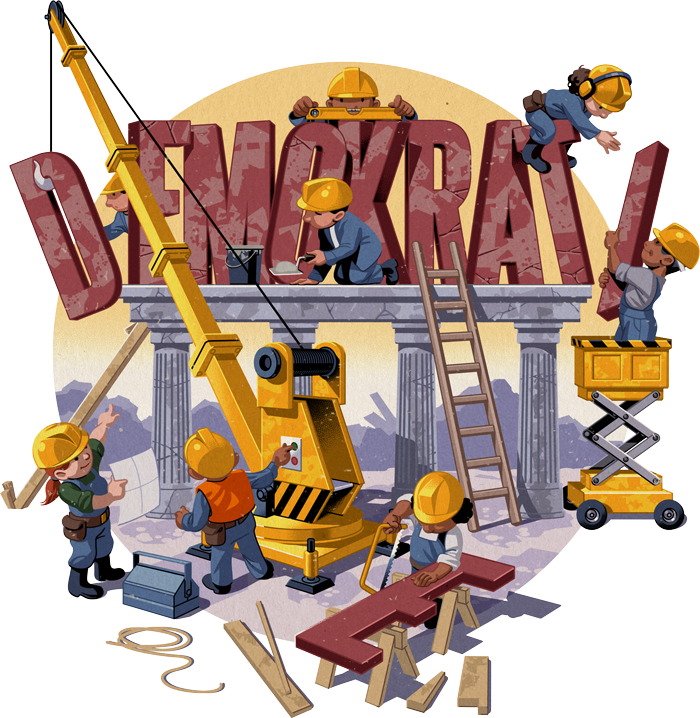 Illustration einer Baustelle, auf der das Wort Demokratie errichtet wird