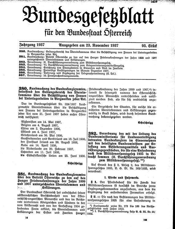 Faksimile eines Bundesgesetzblatts vom 23. November 1937.