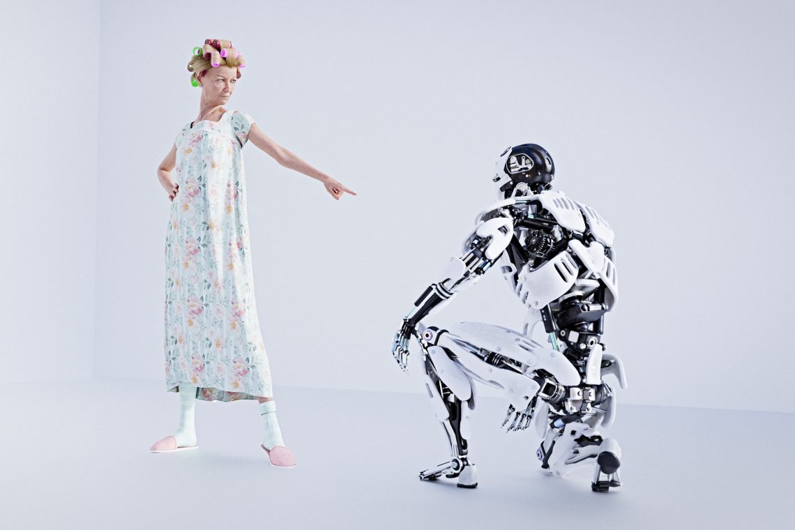 Eine Frau mit Lockenwickler zeigt auf einen knienden Roboter. Das Bild illustriert einen Beitrag über regulierung von KI bzw. den AI Act der EU.