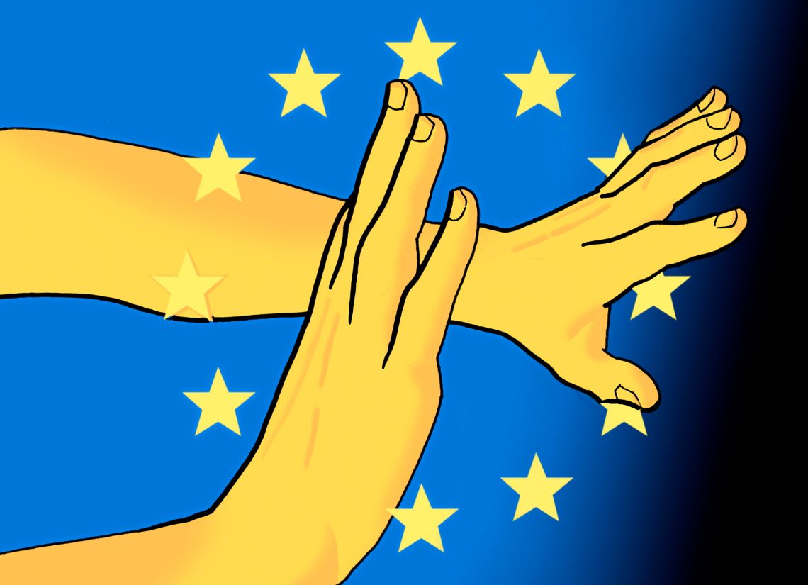 Illustration von zwei Händen in einer Abwehrhaltung vor dem Sternenkreis der EU. Das Bild illustriert einen Beitrag über Europa und Verteidigung.