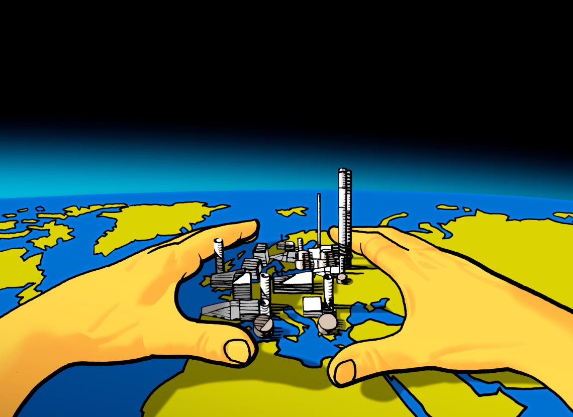 Illustration von zwei Händen, die sich schützend um Fabriken legen. Die Fabriken mit Schloten und auch Hochhäuser stehen auf der Nordhalbkugel der Erde, wobei eine Teil von Nordafrika zu sehen ist.