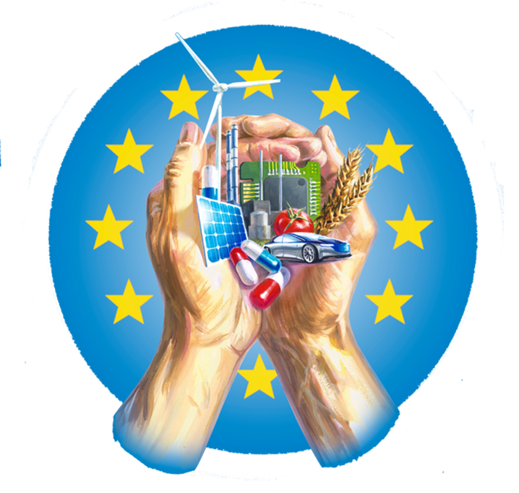 Darstellung von geöffneten Händen in deren Handflächen Windräder, Medikamente, Autos, Getreide-Ähren, Mikrochips, Tomaten und Fabriken liegen wie Hostien. Der Hntergrund ist blau udn die Hände sind von dem Sternenkranz der EU umgeben. Das Bild ist Teil eines Dossiers über die Frage Kann Europa sich selbst versorgen? In dem Dossier geht es um die Abhängigkeit von anderen Wirtschaften um die Versorgung in Europa sicherzustellen.