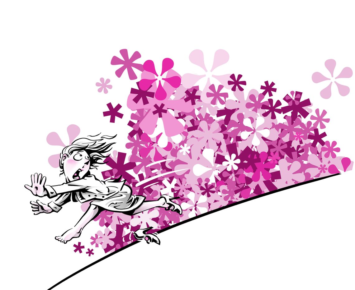 Illustration zum Thema Gendern: eine Lawine aus Sternchen droht eine weglaufende Frau zu überdecken.