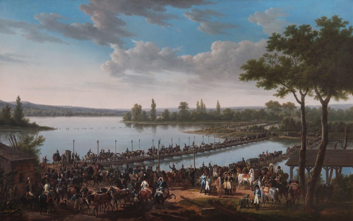 Jacques Francois Joseph Swebach, Die Überquerung der Donau durch Napoleon vor der Schlacht von Wagram, Öl auf Leinwand 1810.
