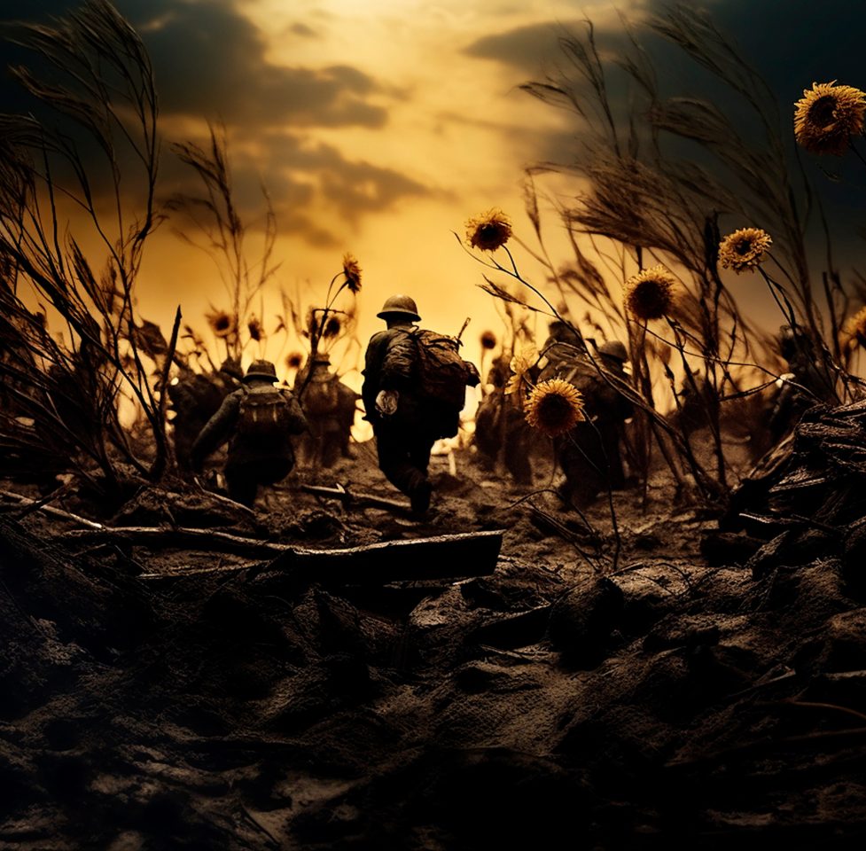 Auf einer mit KI generierten foto-realsitischen Illustration sind Soldaten in der Dämmerung auf einem zertrampelten Acker mit Blumen zu sehen. Das Bild illustriert einen Beitrag über Krieg und Frieden.