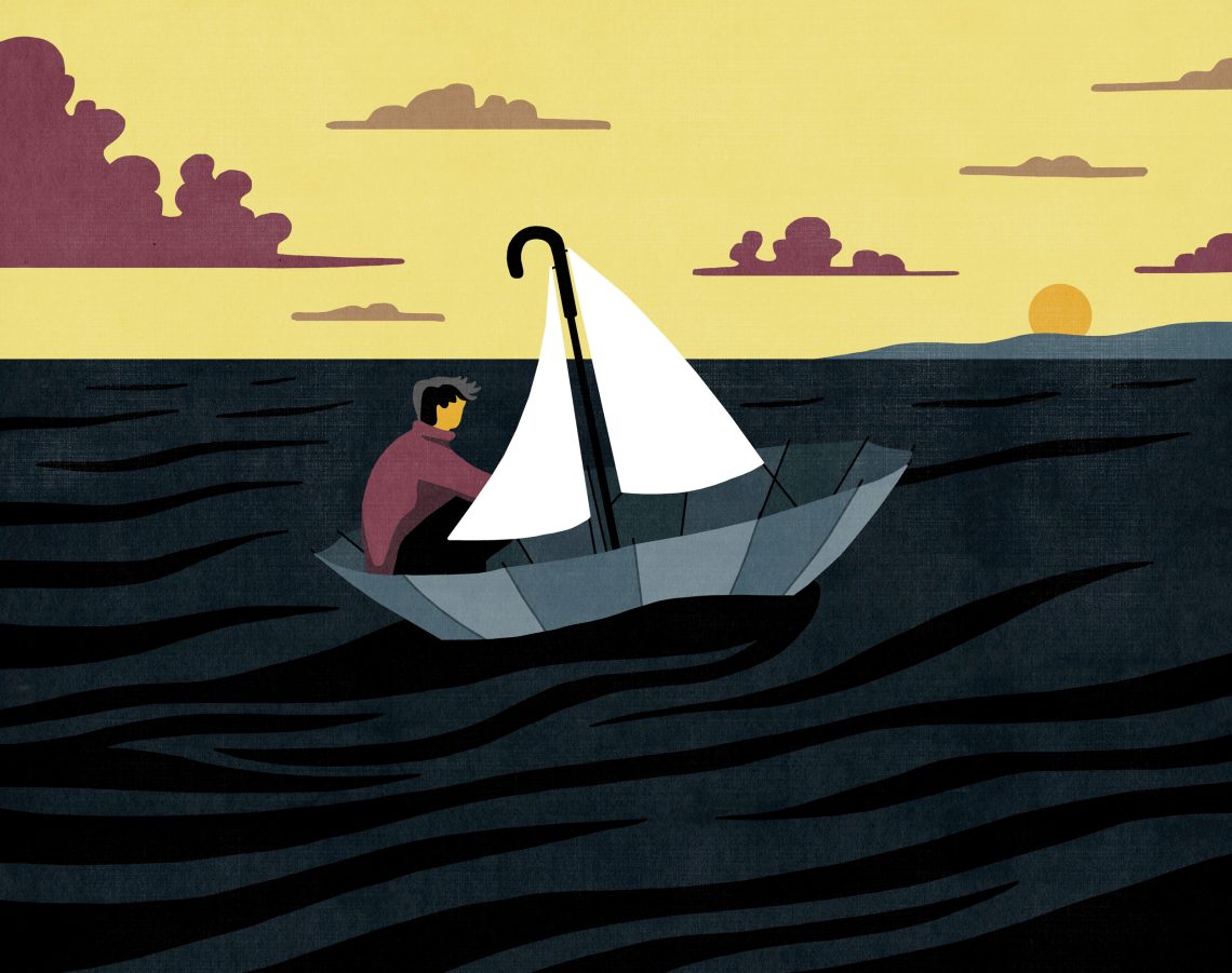 Illustration eines Mannes der in einem Regenschirm, der einem Boot ähnelt, auf dem Wasser treibt. Das Bild ist Teil eines Beitrags über die Normalität der Krise.