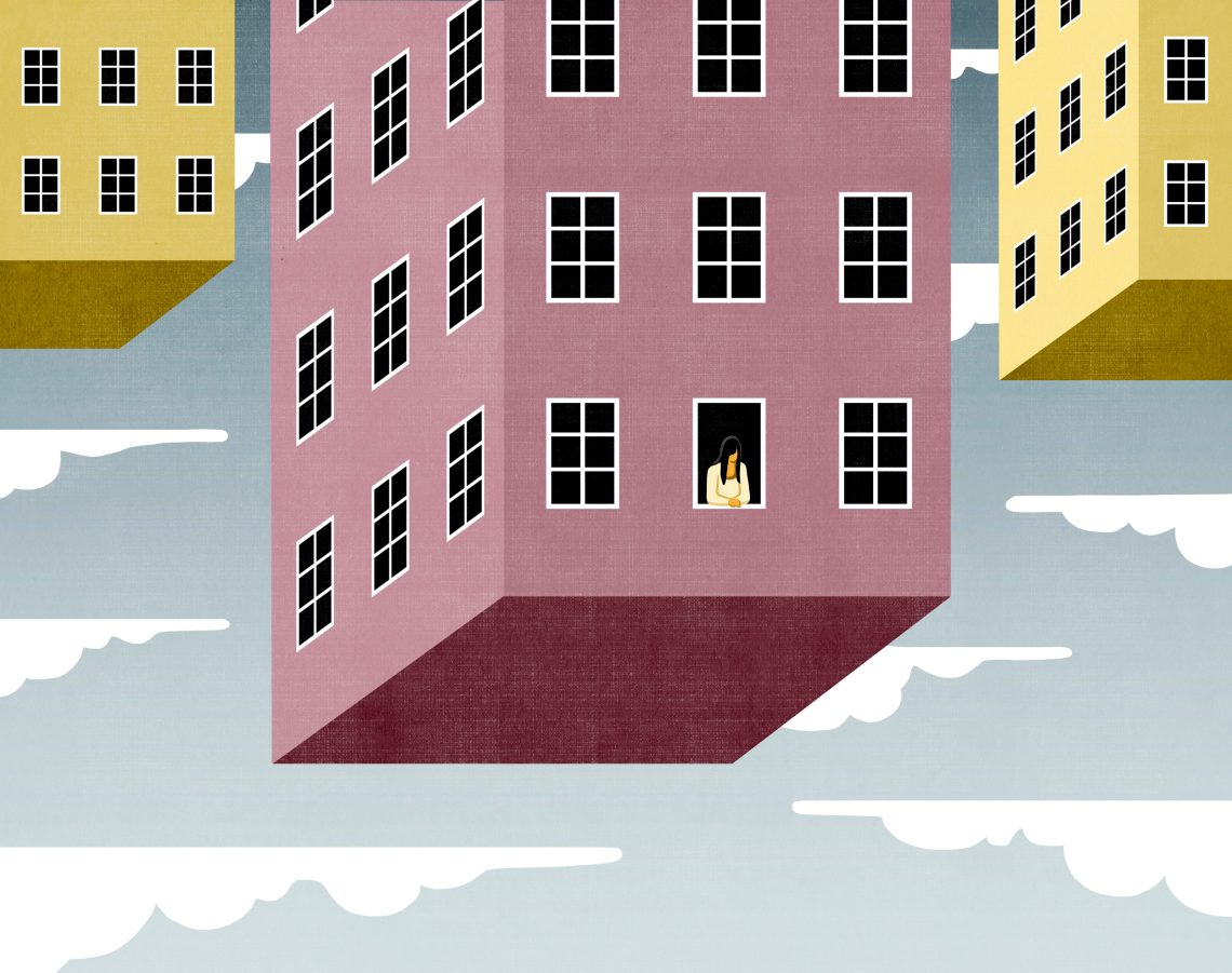 Illustration von drei Hochhäusern, die auf dem Kopf stehen. Im Vordergrund steht eine Frau am Fenster. Das Bild ist Teil eines Beitrags über die Normalität der Krise.