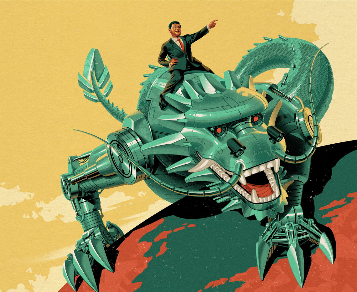 Illustration von Xi Jinping, der auf einem mechanischen Drachen auf der Weltkugel reitet.