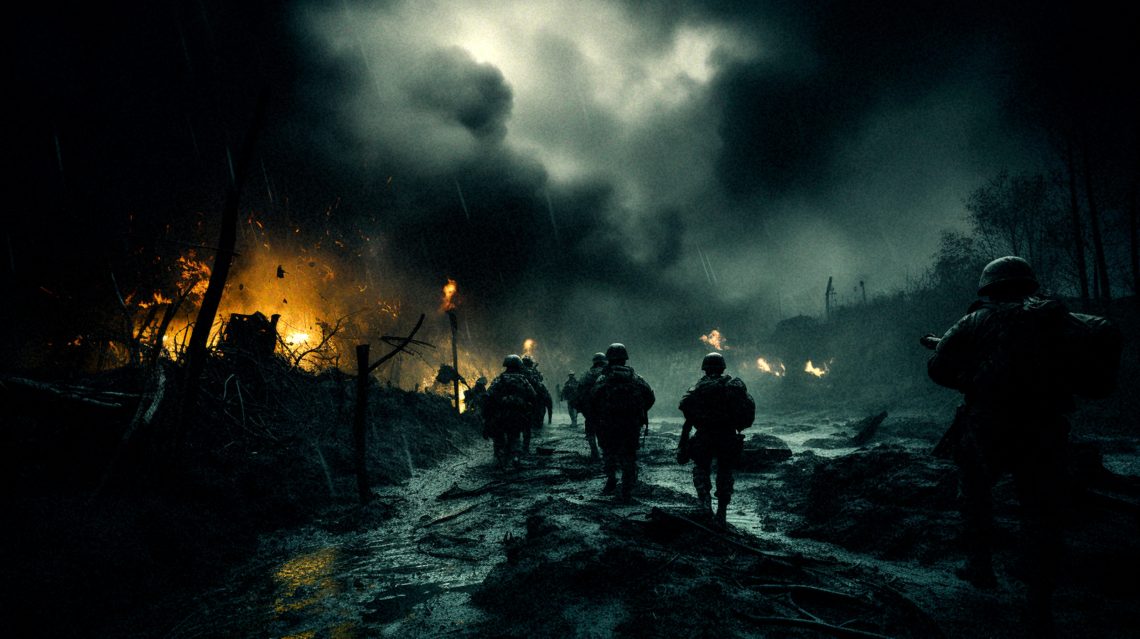 Auf einer mit KI generierten fotorealistischen Illustration sind Soldaten auf einem Schlachtfeld zu sehen. Das Bild illustriert einen Beitrag über Krieg und Frieden.