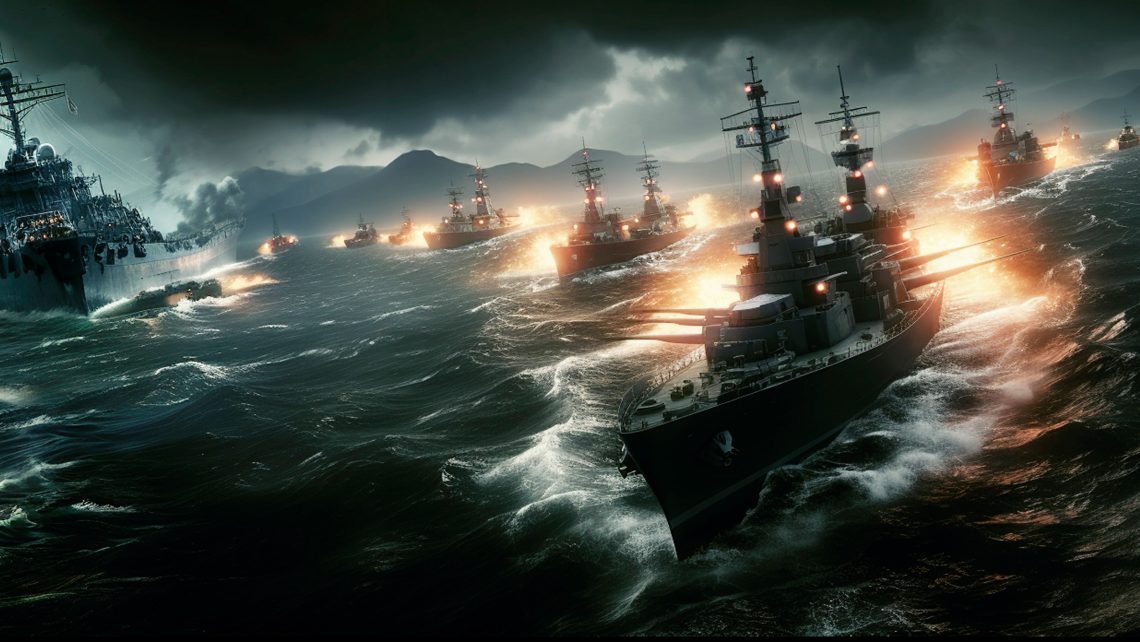 Auf einer mit KI generierten fotorealistischen Illustration sind Kriegsschiffe auf dem Schwarzen Meer zu sehen. Das Bild illustriert einen Beitrag über Krieg und Frieden.