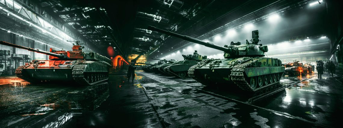 Auf einer mit KI generierten fotorealistischen Illustration sind Panzer in einer Halle zu sehen. Das Bild illustriert einen Beitrag über Krieg und Frieden.