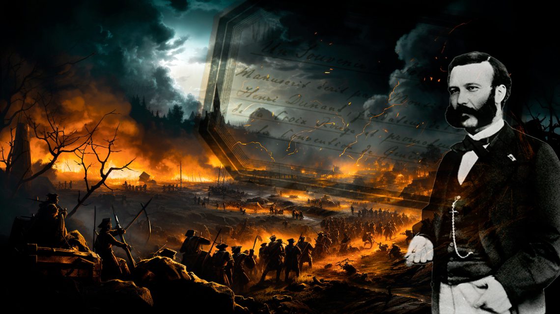 Auf einer mit KI generierten fotorealistischen Illustration ist Henry Dunant zu sehen. Im Hintergrund die Schlacht von Solferino. Das Bild illustriert einen Beitrag über Krieg und Frieden.