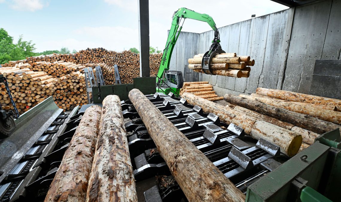 Ein Hebe-Bagger hat mit einem großen Greifarm Stämme gepackt, die auf ein Förderband gelegt werden. Das Bild ist Teil eines Beitrags über die Klimaeutralität von Holz bzw. seiner Nutzung. Das Bild wurde in North Carolina aufgenommen.