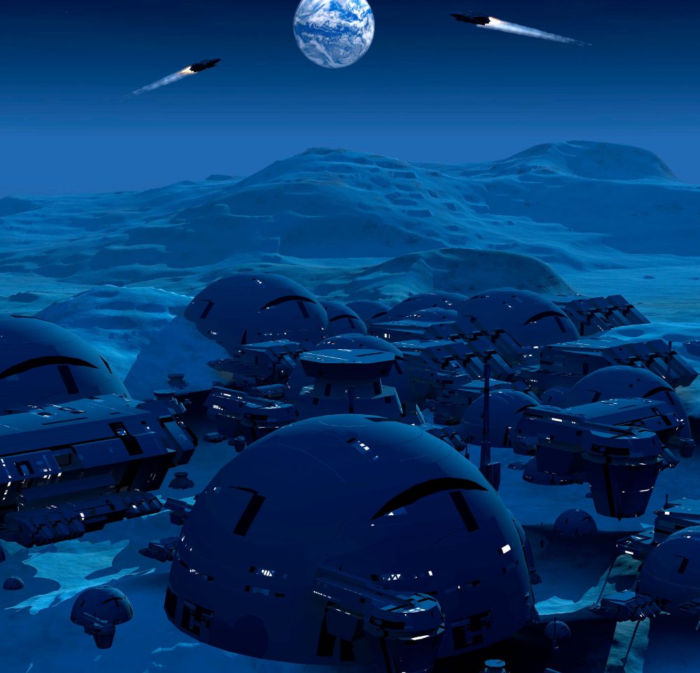 Mehrere halbkreisförmige Gebäude auf der Oberfläche des Mondes, im Hintergrund sind die Erde und zwei Raumschiffe zu sehen.