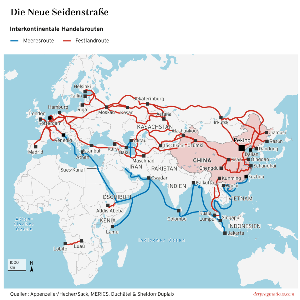 Karte mit Informationen zur Neuen Seidenstraße. Die Karte ist Teil des Dossiers Was China wirklich will.