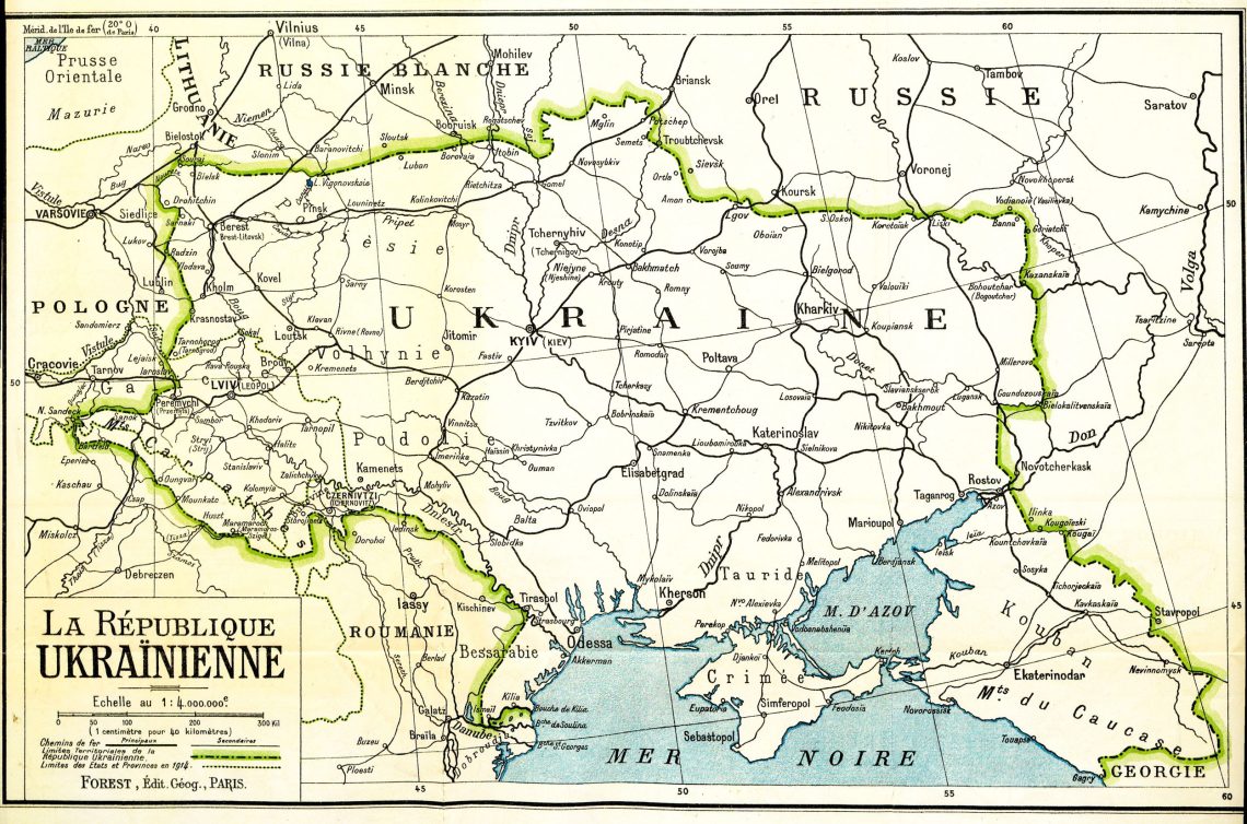 Die Karte einer unabhängigen Ukraine in französischer Sprache, de die Delegierten der Ukraine nach dem Ersten Weltkrieg zu den Friedensverhandlungen mitbrachten. Die Karte zeigt die Ukraine als unabhängigen Staat.