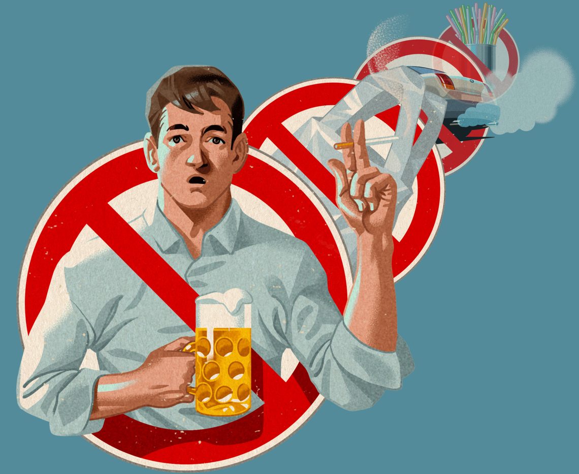 Illustration von mehreren Verbotsschildern, das vorderste stellt einen rauchenden Mann dar.
