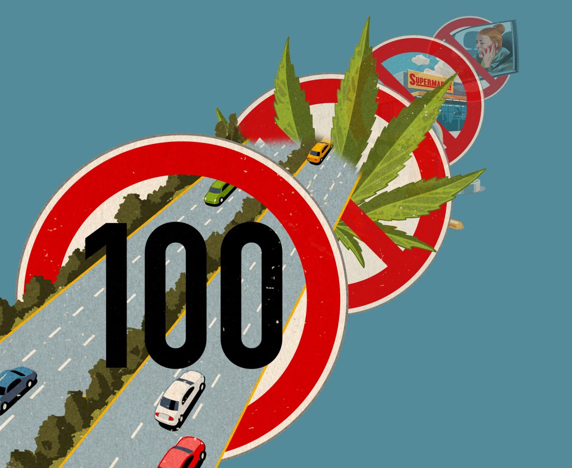 Illustration von mehreren Verbotsschildern, das vorderste stellt ein Tempolimit von 100 kmh auf der Autobahn dar.