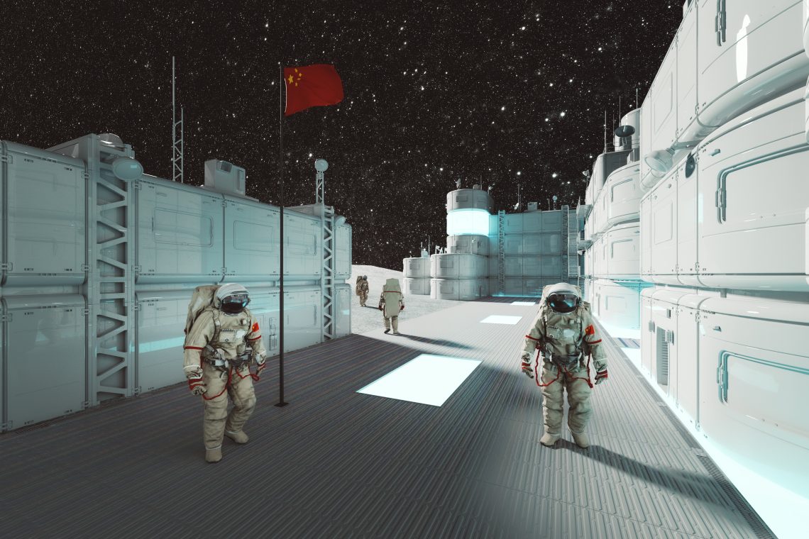 Dieses 3D-generierte Bild zeigt vier chinesische Astronauten, die aus einer Mondbasis arbeiten.