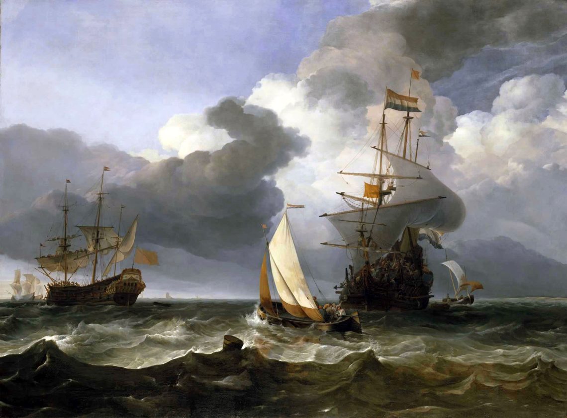 Darstellung von Handelsschiffen mit Beibooten im 18. Jahrhundert. Es sind Schiffe mit der Flage der Niederländischen Ostindienkompanie (VOC). Das Bild stammt aus dem Jahr 1754.