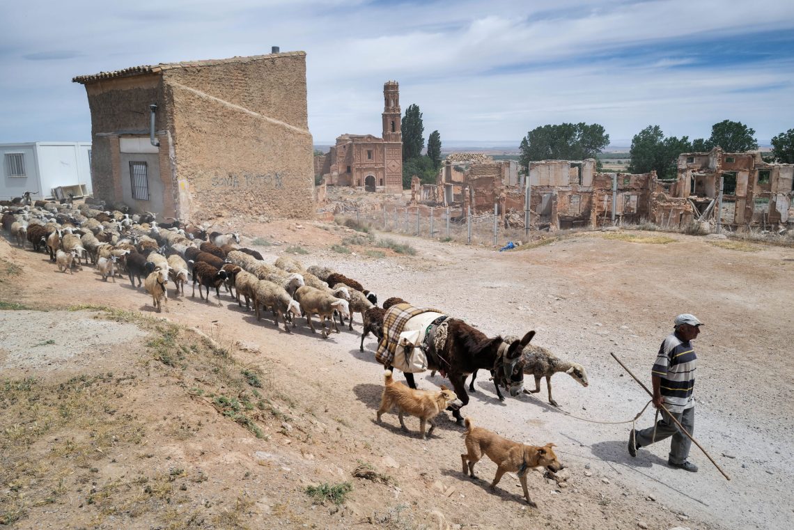 Ein Schäfer geht mit zwei Hunden und einem Esel vor einer Schafherde in einem zerfallenden Dorf. Das Foto illustriert einen Beitrag über Inflation.