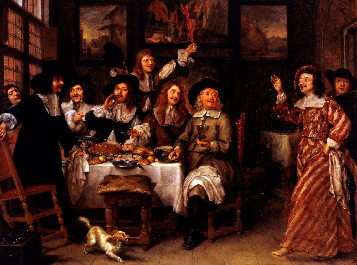 Repas d'artistes, nach 1660, von Gonzalès Cockes. Dargestellt ist eine Gruppe junger Männer die um einen reich gedeckten Tisch sitzt und fröhlichen einen Hinukommenden begrüßt.