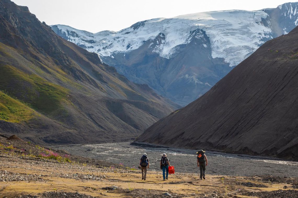 Ein Fjord in Alaska. Im HIntergrund sind Gletscherreste auf hohen Bergen zu sehen. In dem Tal gehen drei Menschen mit Rucksäcken auf die Berge zu.