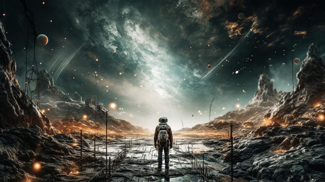 Auf einer mit KI generierten Illustration ist ein Astronaut von hinten auf dem Mars abgebildet. Das Bild illustriert einen Artikel über unsere Zukunft im Weltraum.